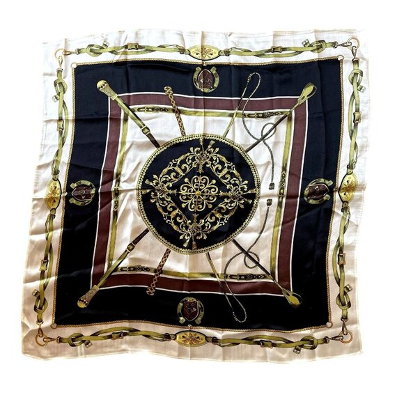Silk Square Scarf With Nautical Design 21"x21" Black and Gold Neck Purse - Picture 1 of 8